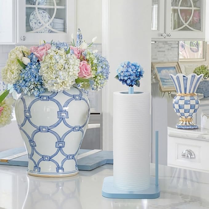Leinuosen Blue Hydrangea Wooden Paper Towel Holder (Countertop Stand)
