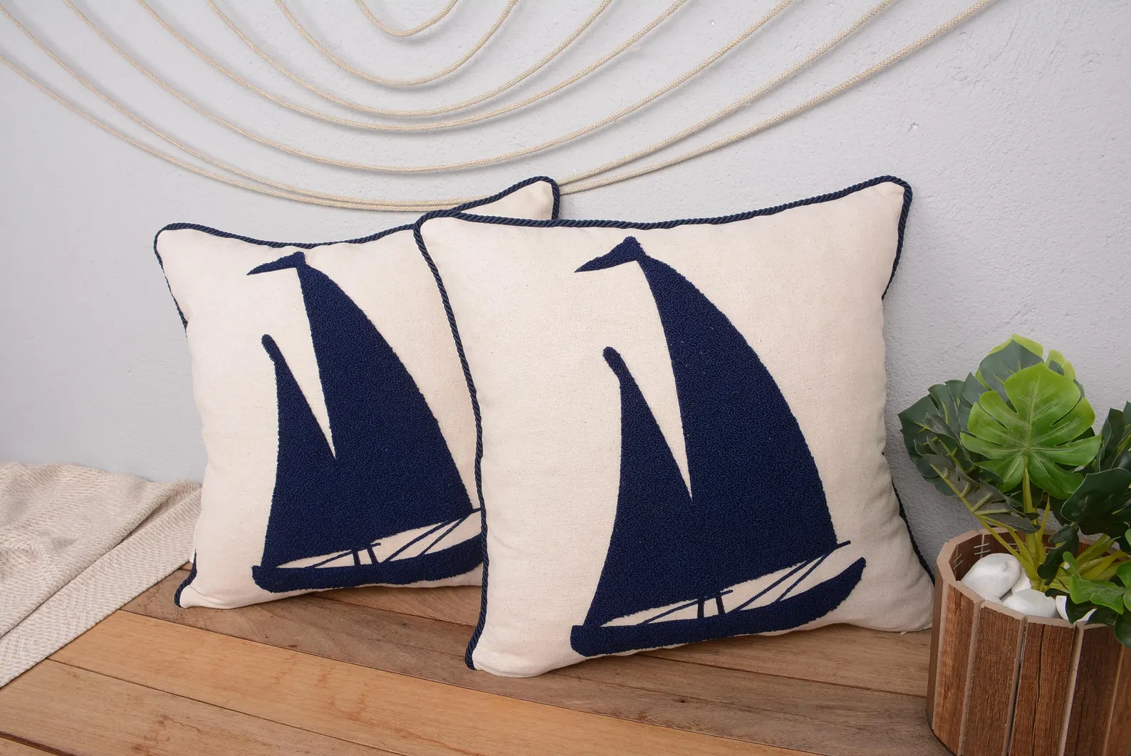 Navy Sailboat Pillow Cover 16x16 — Handmade Coastal Cushion