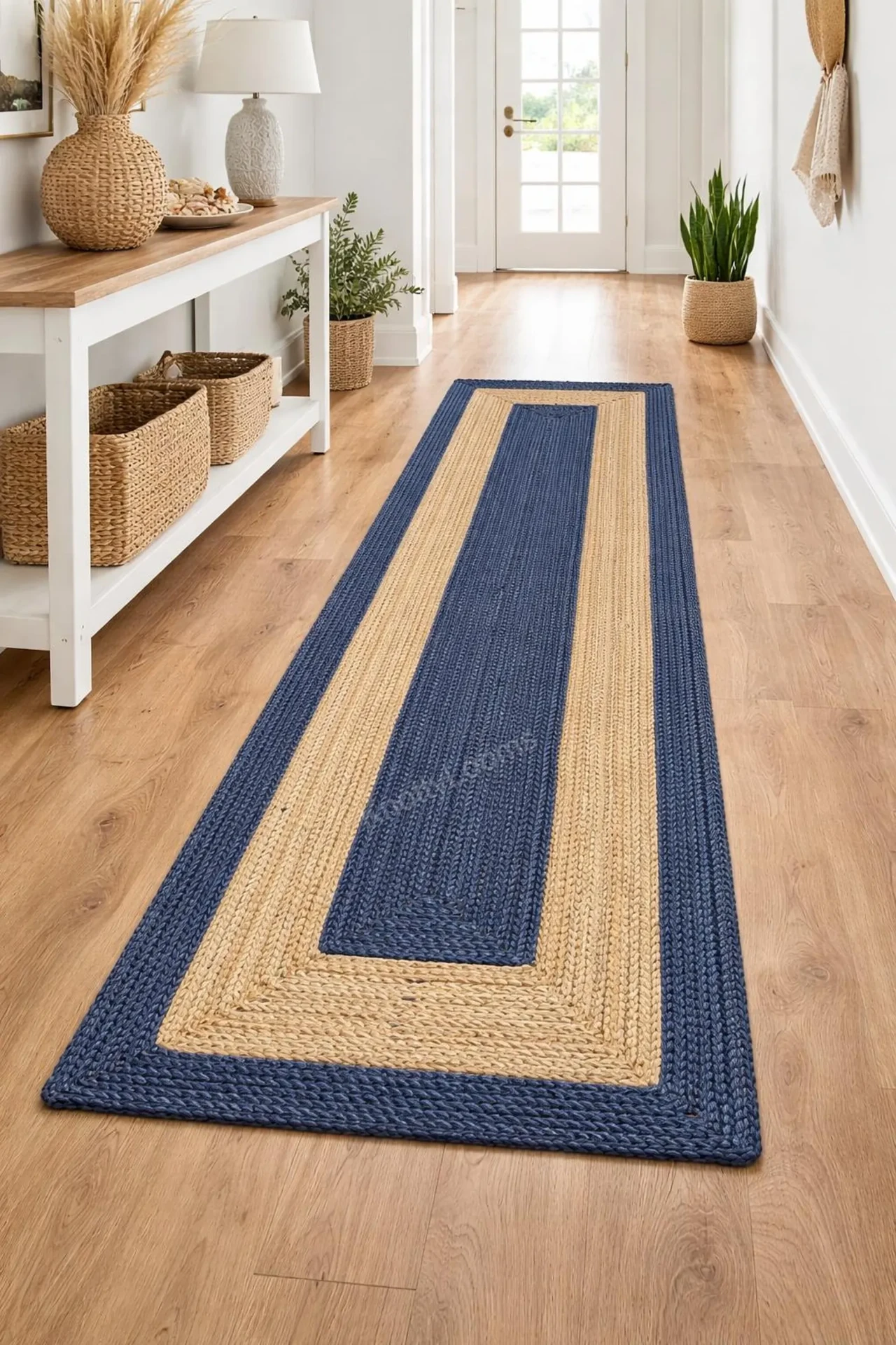 Handwoven Jute Runner Rug — Blue Striped Hallway Runner