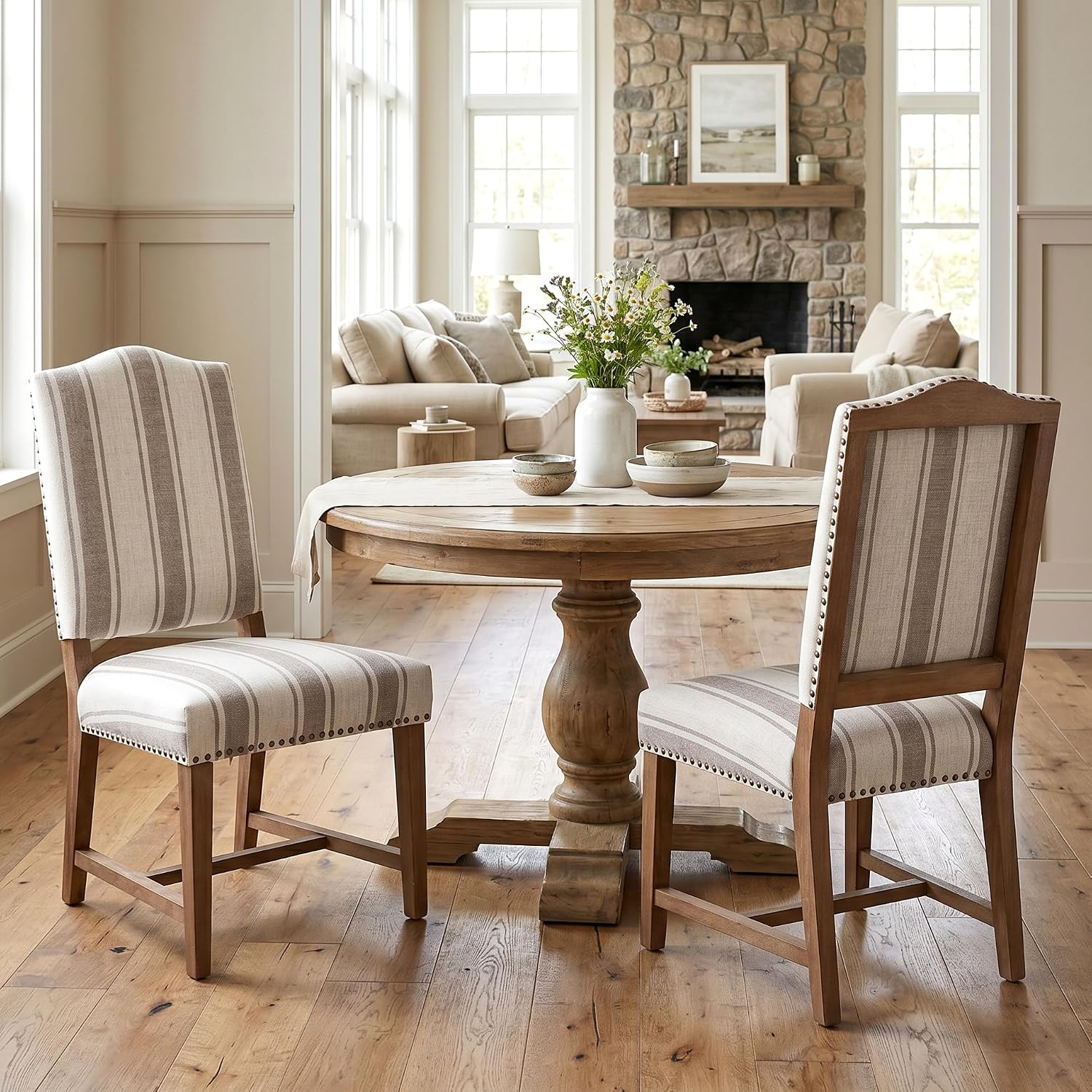 ROCITY Striped Upholstered Farmhouse Dining Chairs with Nailhead Trim (Set of 2)