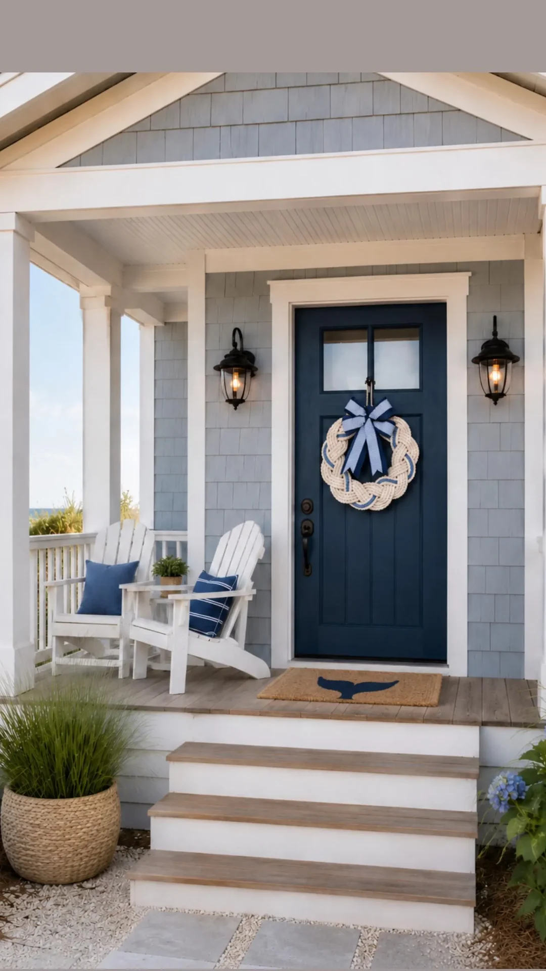 16" Nautical Rope Wreath — Denim Blue & White Braided Beach House Door Wreath