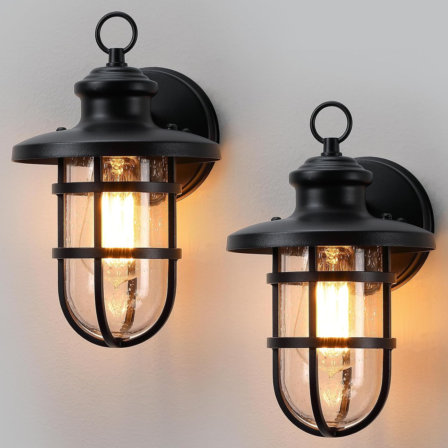 YKLITG Black Outdoor Wall Sconces with Seeded Glass (Set of 2)