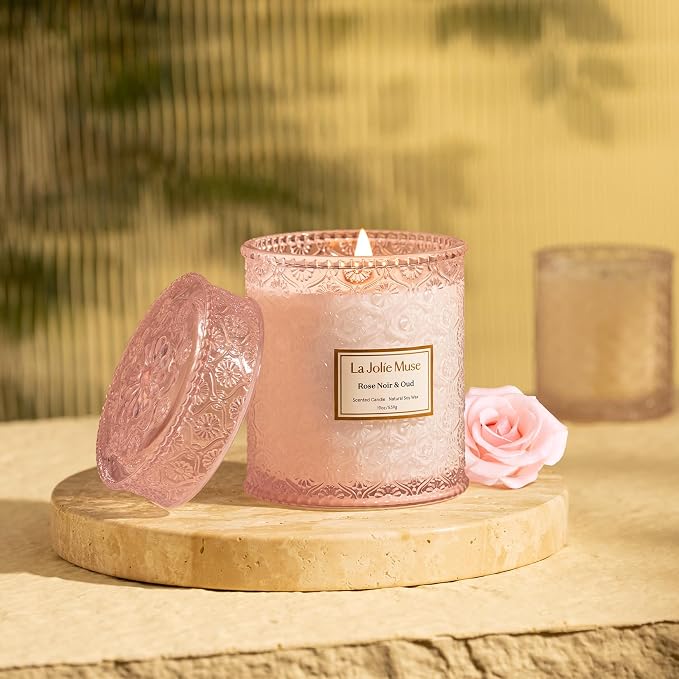 La Jolie Muse Rose Noir & Oud Scented Candle — Pink Embossed Glass Jar