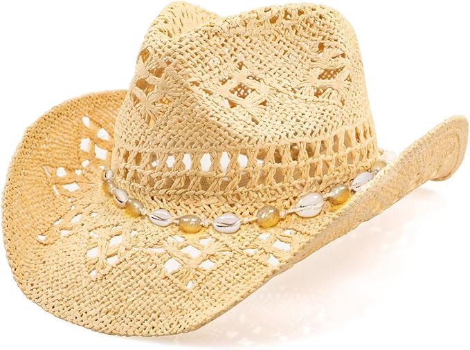 Straw Cowboy Hat with Shell Trim — Hand-Woven Beach Style