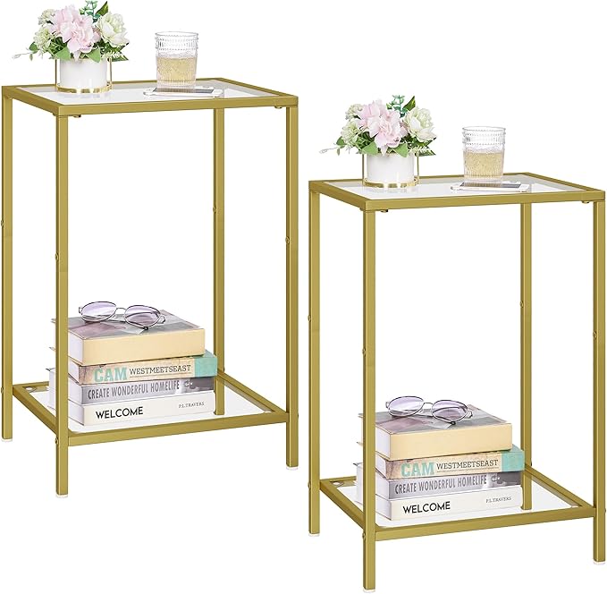 Gold & Glass 2-Tier Side Tables with Storage Shelf (Set of 2)