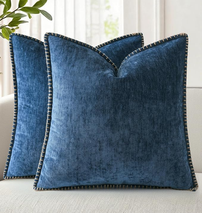 decorUhome Navy Chenille Pillow Covers with Whipstitch Edge (Set of 2)