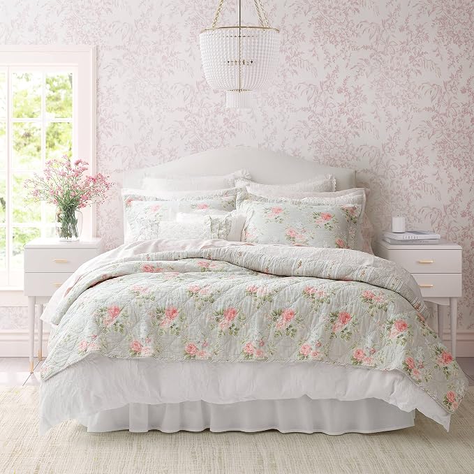 Laura Ashley Melany Pink Reversible Queen Quilt Set