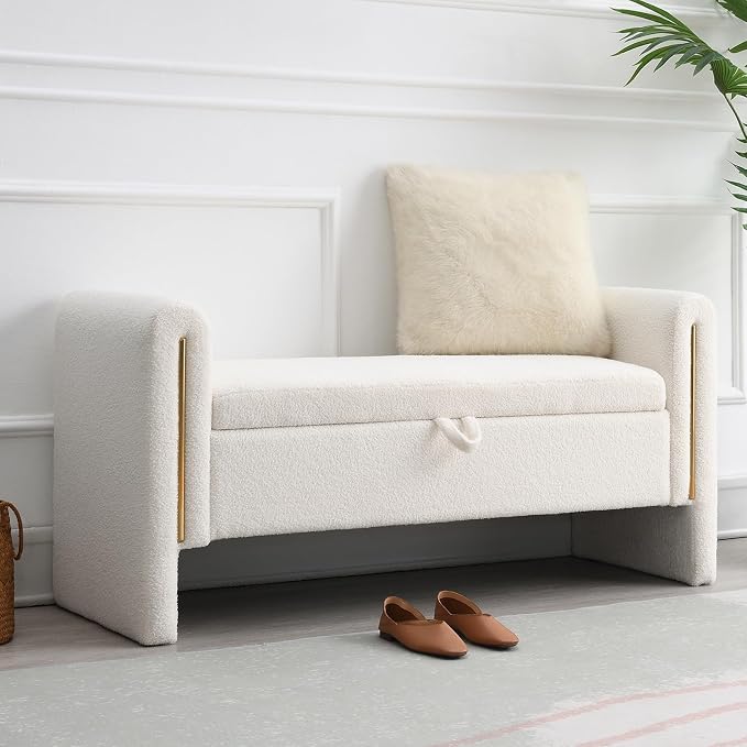 Cream Bouclé Upholstered Storage Bench with Gold Accents