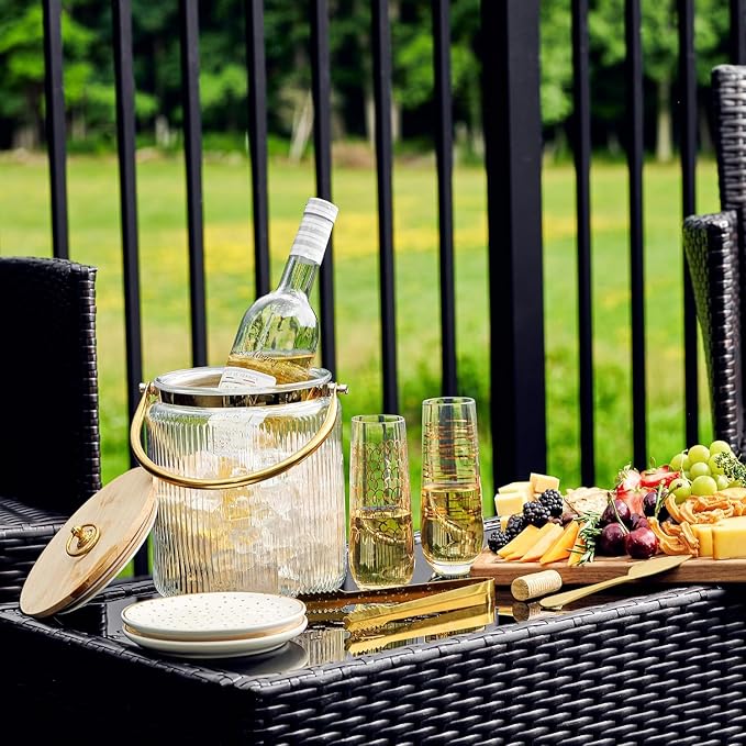 Ribbed Glass Ice Bucket with Gold Handle & Wood Lid