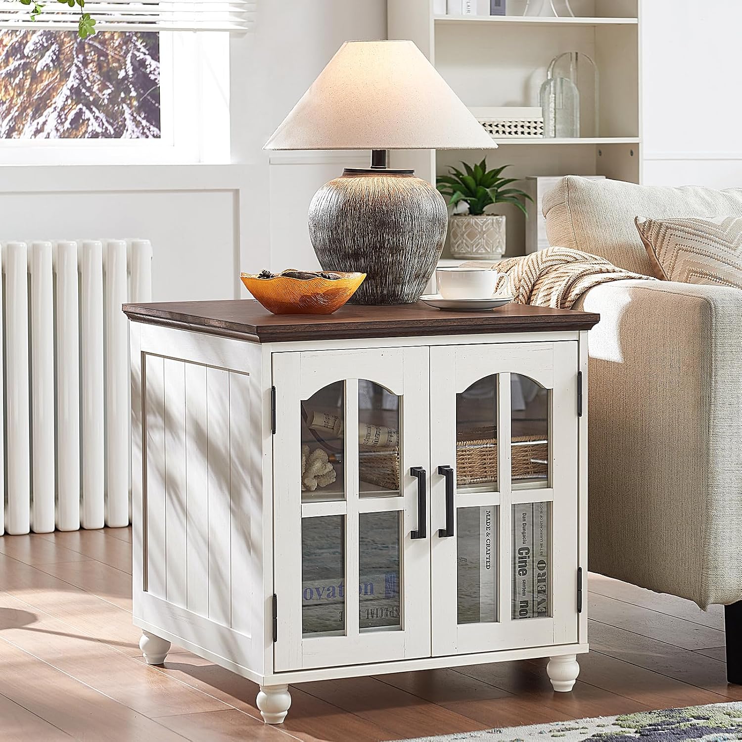 RWYHG Farmhouse 24" End Table with Charging Station & Glass Barn Doors (White)