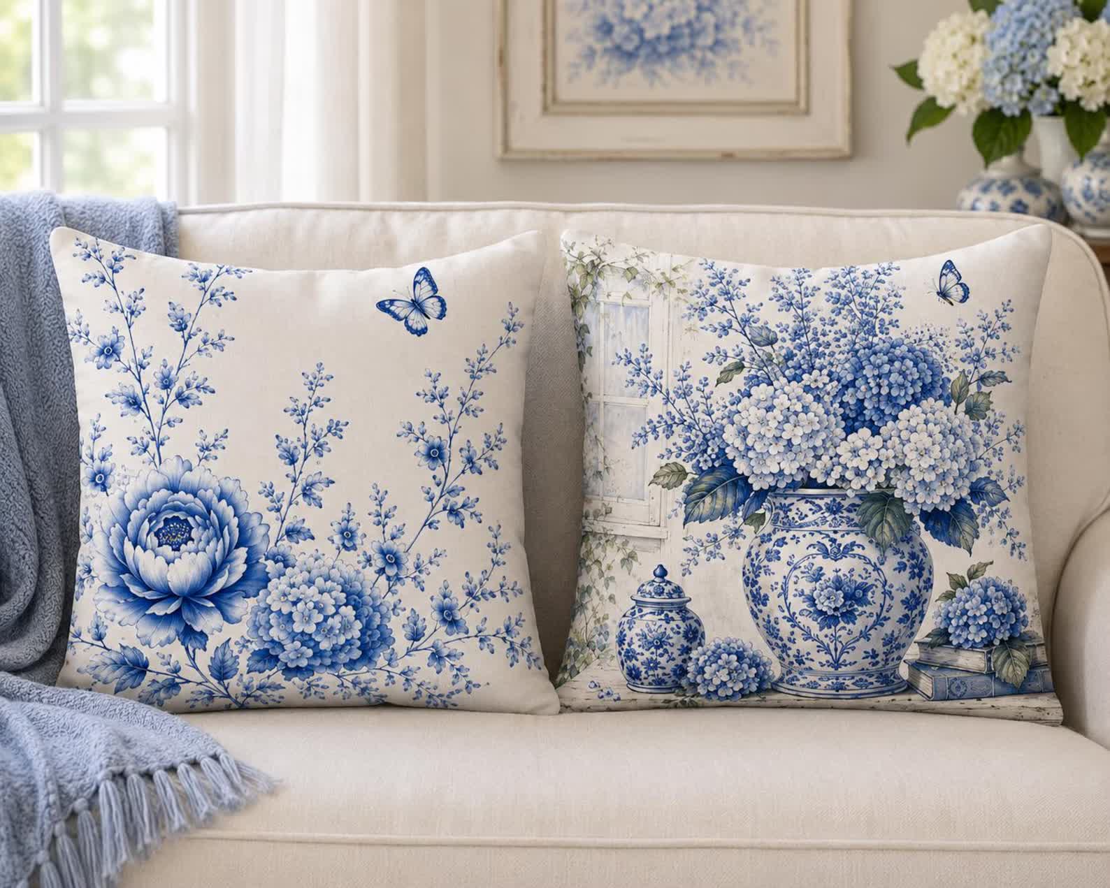 Porcelain Garden Blue & White Floral Throw Pillow — Double-Sided Cottage