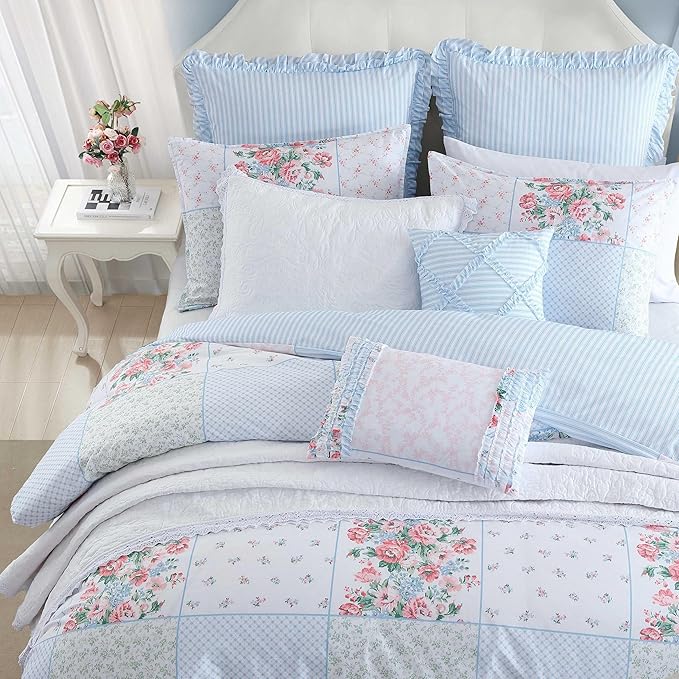 Blue & White Patchwork Floral Comforter Set with Ticking-Stripe Shams