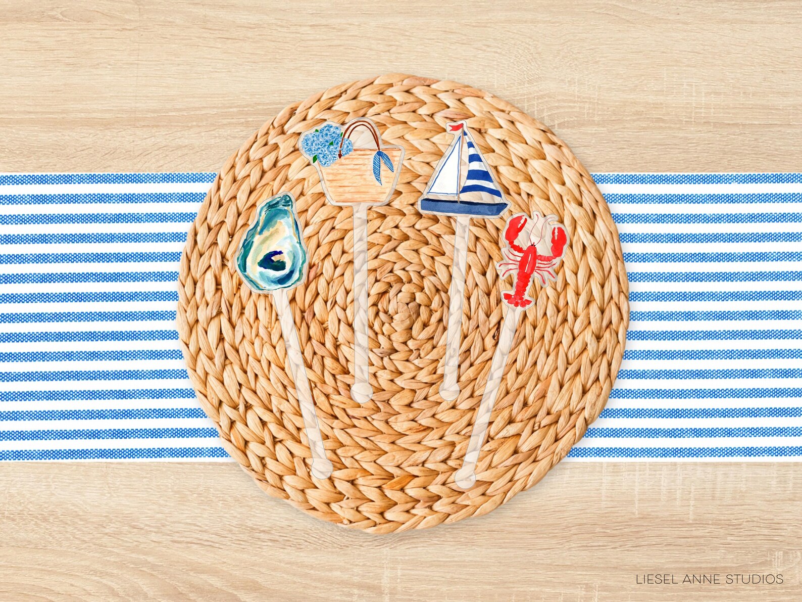Nantucket Coastal Stir Sticks — Oyster, Hydrangea Tote, Sailboat & Lobster (Set of 4)