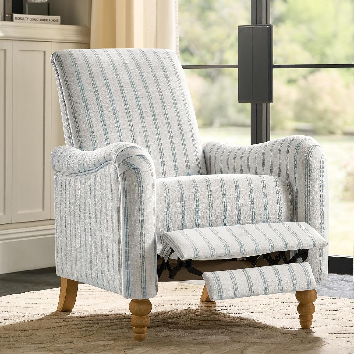 HULALA HOME Farmhouse Push-Back Recliner — Blue & Cream Ticking Stripe