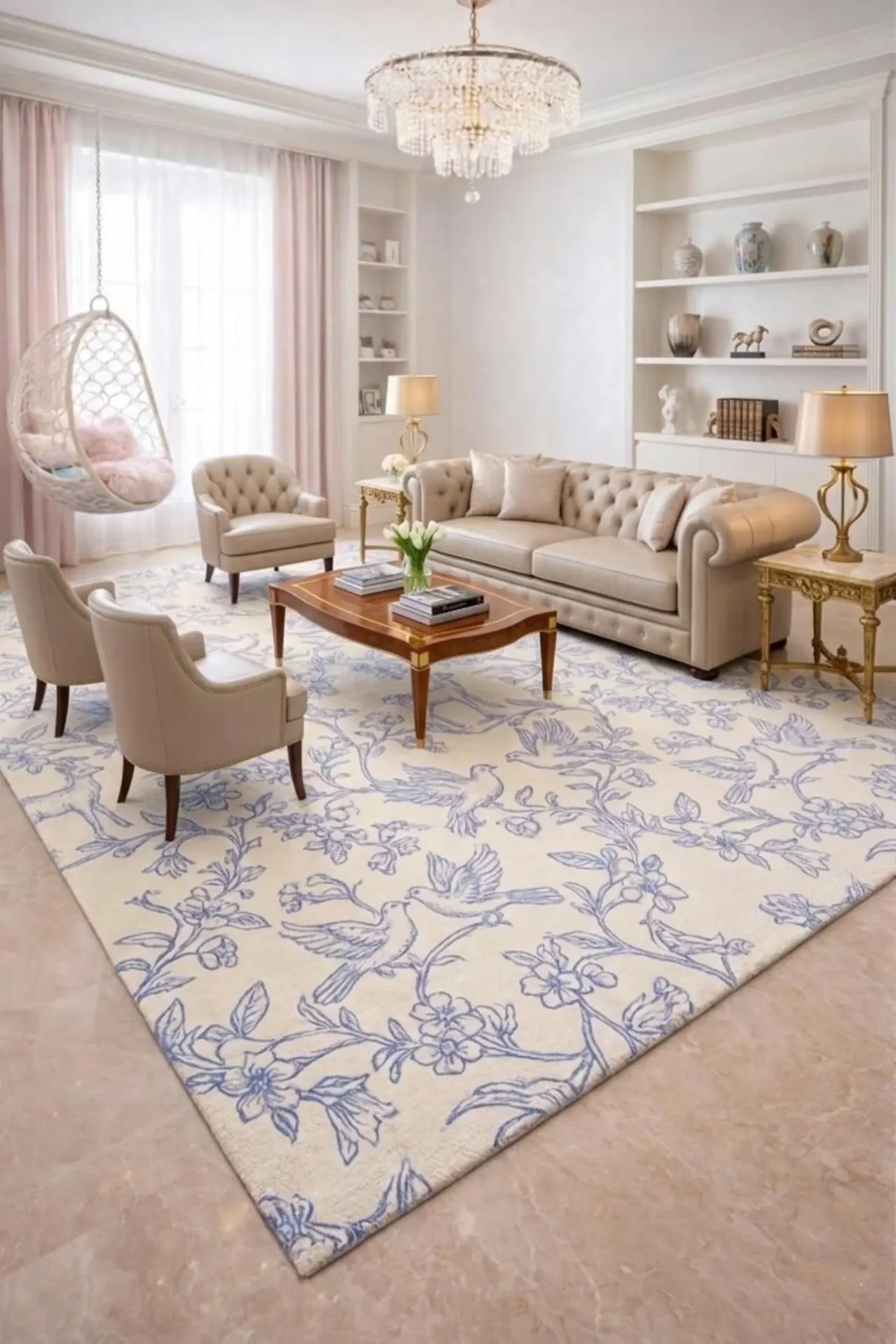 Blue & White Bird Toile Rug — Vintage Toile de Jouy Style