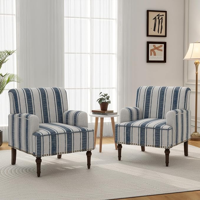 DREAMSIDEA Mid-Century Accent Chairs — Navy Stripe Linen (Set of 2)