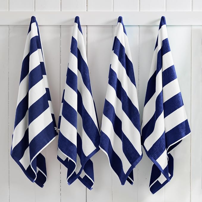 Great Bay Home Navy Cabana Stripe Cotton Velour Beach Towels, 4-Pack (30" x 60")