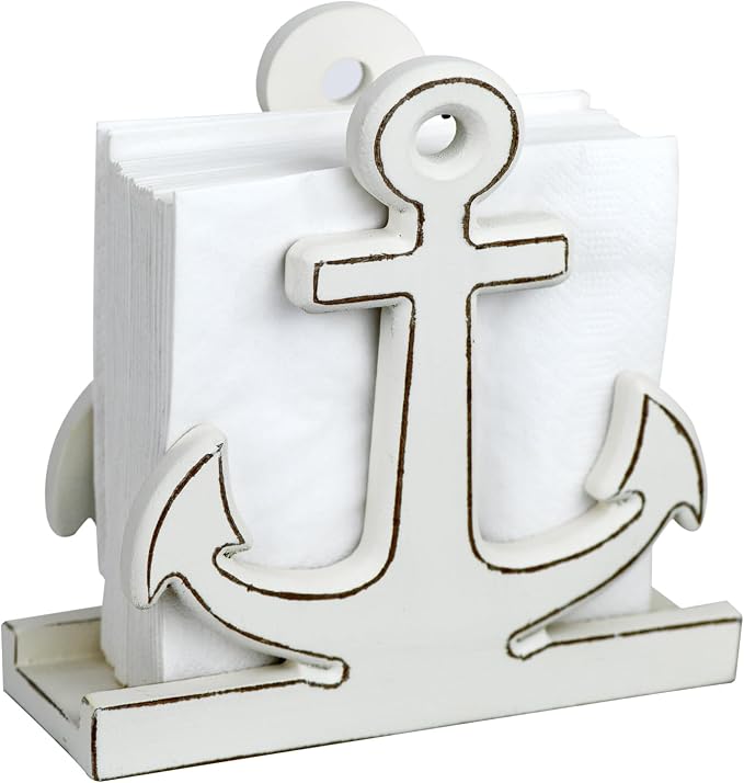 BetyHom Rustic White Wooden Nautical Anchor Napkin Holder