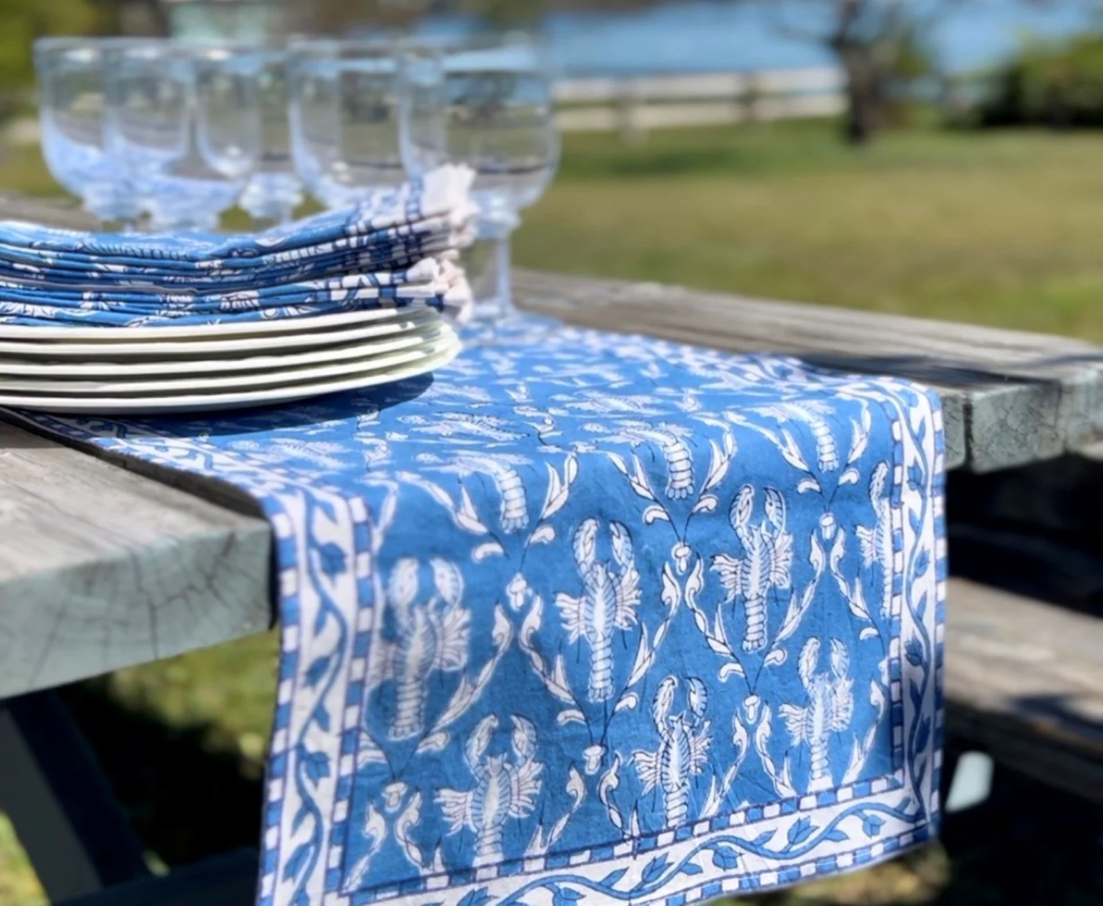 Blue Lobster Hand-Block-Print Coastal Table Runner