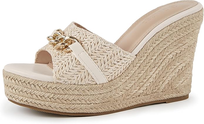Cape Robbin Cream Raffia Espadrille Wedge Sandals with Gold Chain