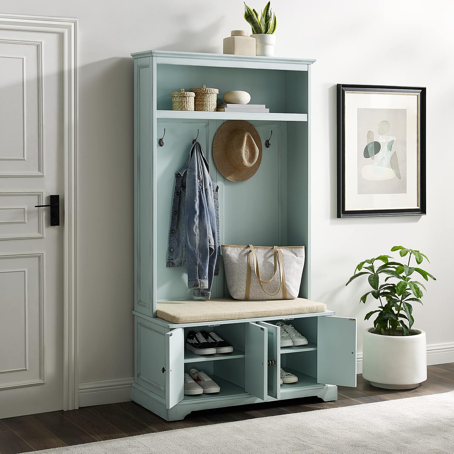Crosley Furniture Holbrook Hall Tree with Shoe Storage Bench (Distressed Seafoam Blue)