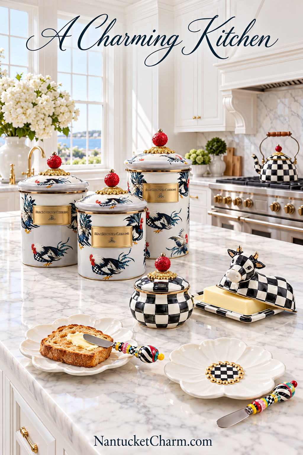 White marble kitchen with MacKenzie-Childs Henhouse rooster canisters, Courtly Check squashed pot, checked cow butter dish, flower plates with beaded butter spreaders, Courtly Check tea kettle and white hydrangeas by a harbor window.