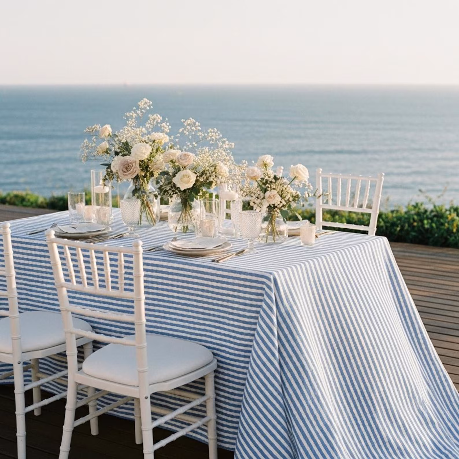 Light Blue & White Scalloped Stripe Tablecloth — Coastal Beach Wedding Table Linen