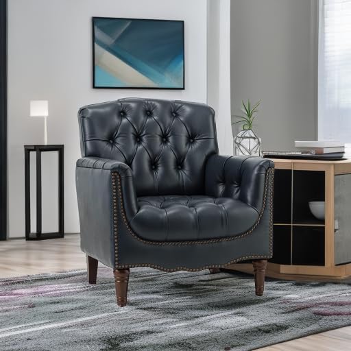 HULALA HOME Mid-Century Top-Grain Leather Button-Tufted Armchair — Navy