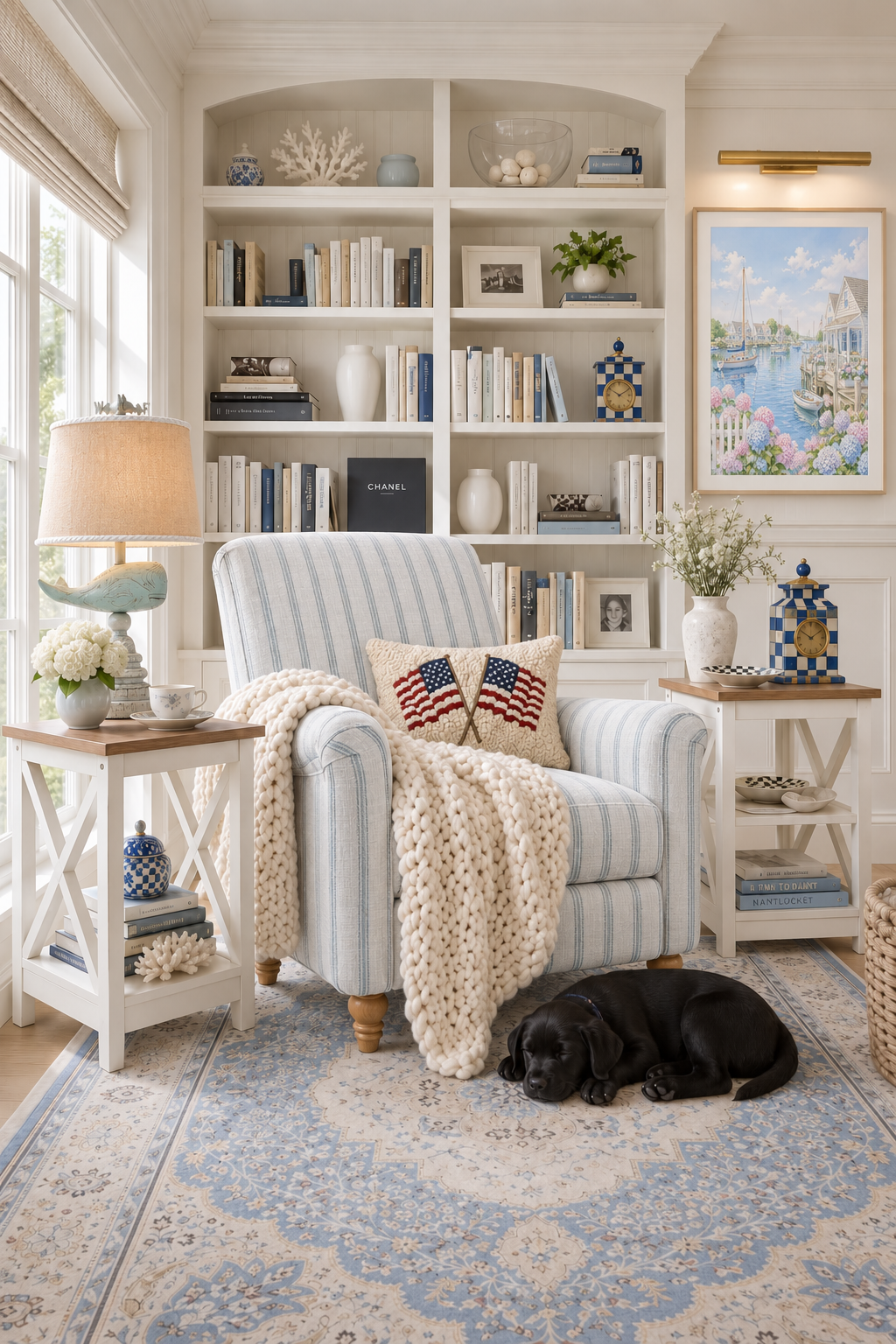 Blue-and-white striped reading chair with an American flag pillow and cream knit throw beside a whale lamp, white X-side tables, white built-in bookshelves, blue check clocks and a pale blue rug with a sleeping black dog.