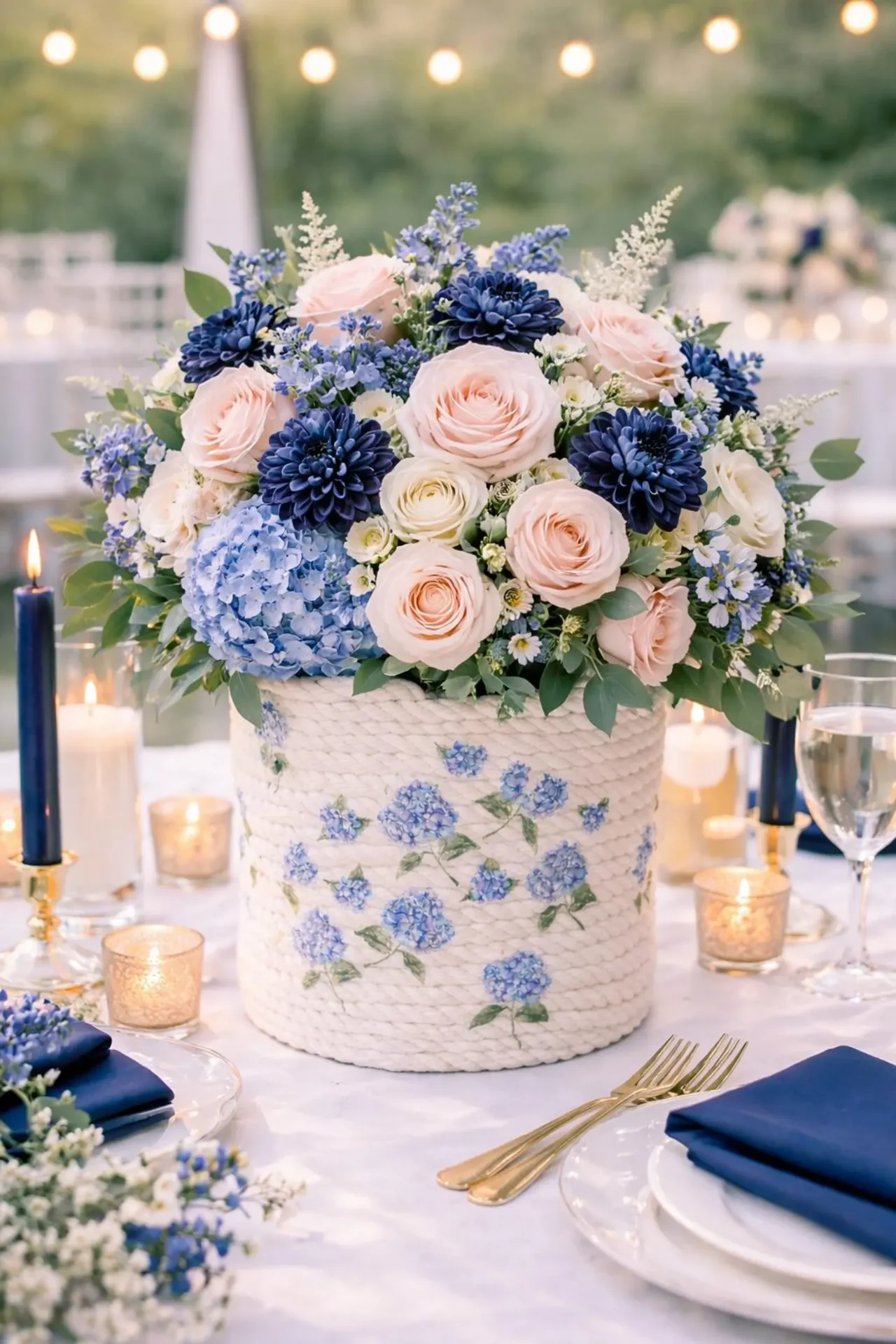 Handcrafted Hydrangea Wedding Basket — Floral Centerpiece Vessel
