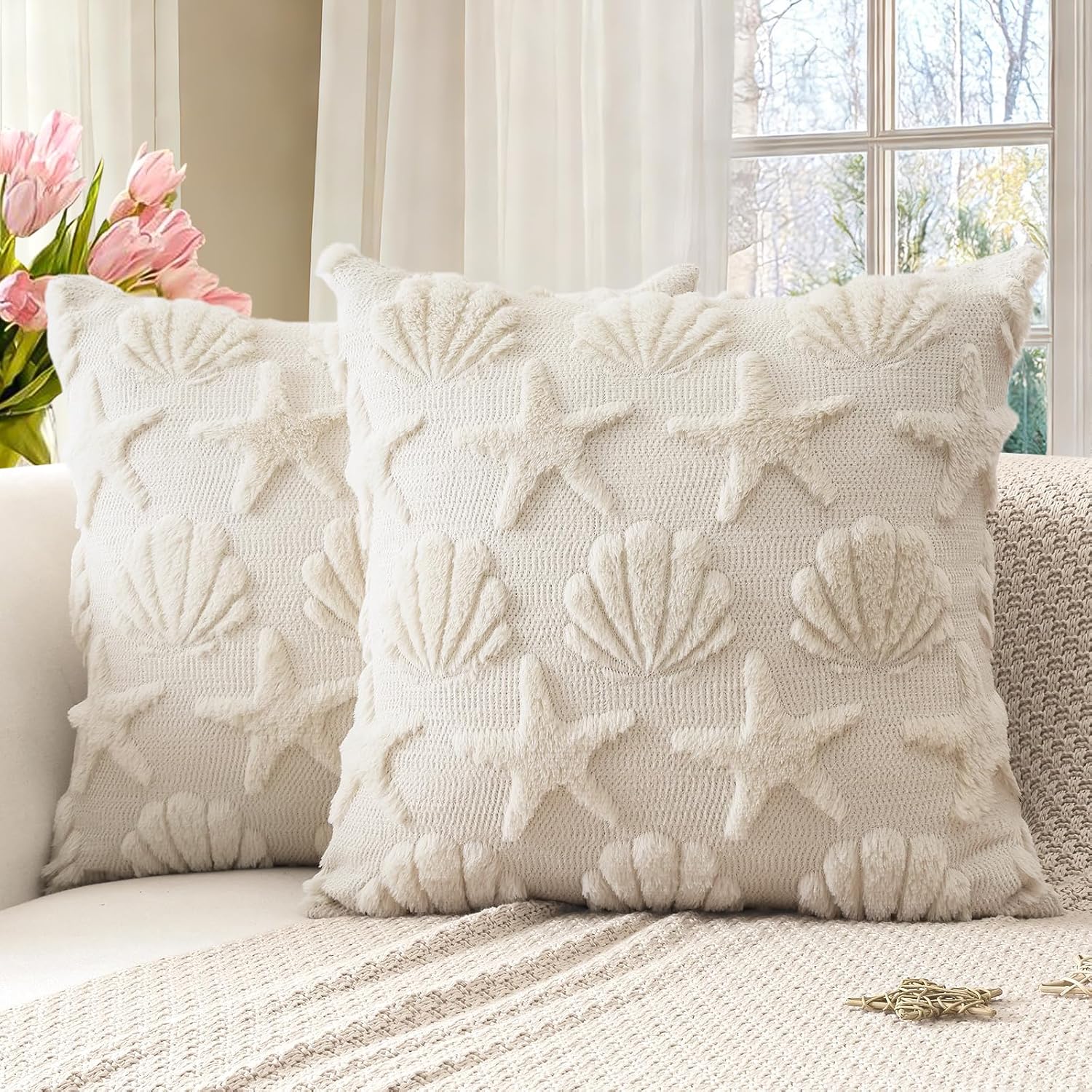 OTOSTAR Shell & Starfish Plush Throw Pillow Covers, 18"x18" Cream (Set of 2)