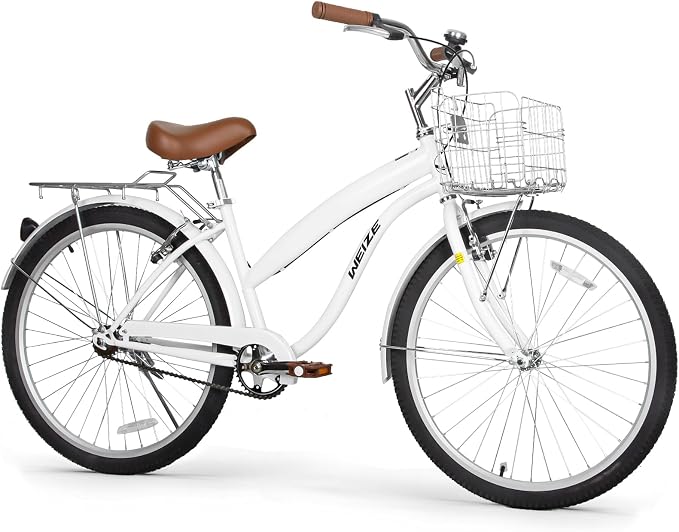 Weize White Beach Cruiser Bike with Front Wicker-Style Basket & Rear Rack