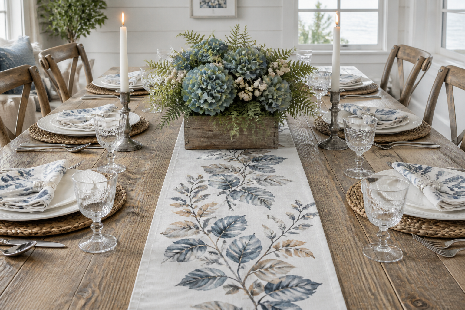 Nantucket fall tablescape on a pine farmhouse table with a dusty blue and gold oak leaf runner, white basketweave plates, blue autumn floral napkins, bamboo flatware, white tapers and a weathered wood box of blue hydrangeas.