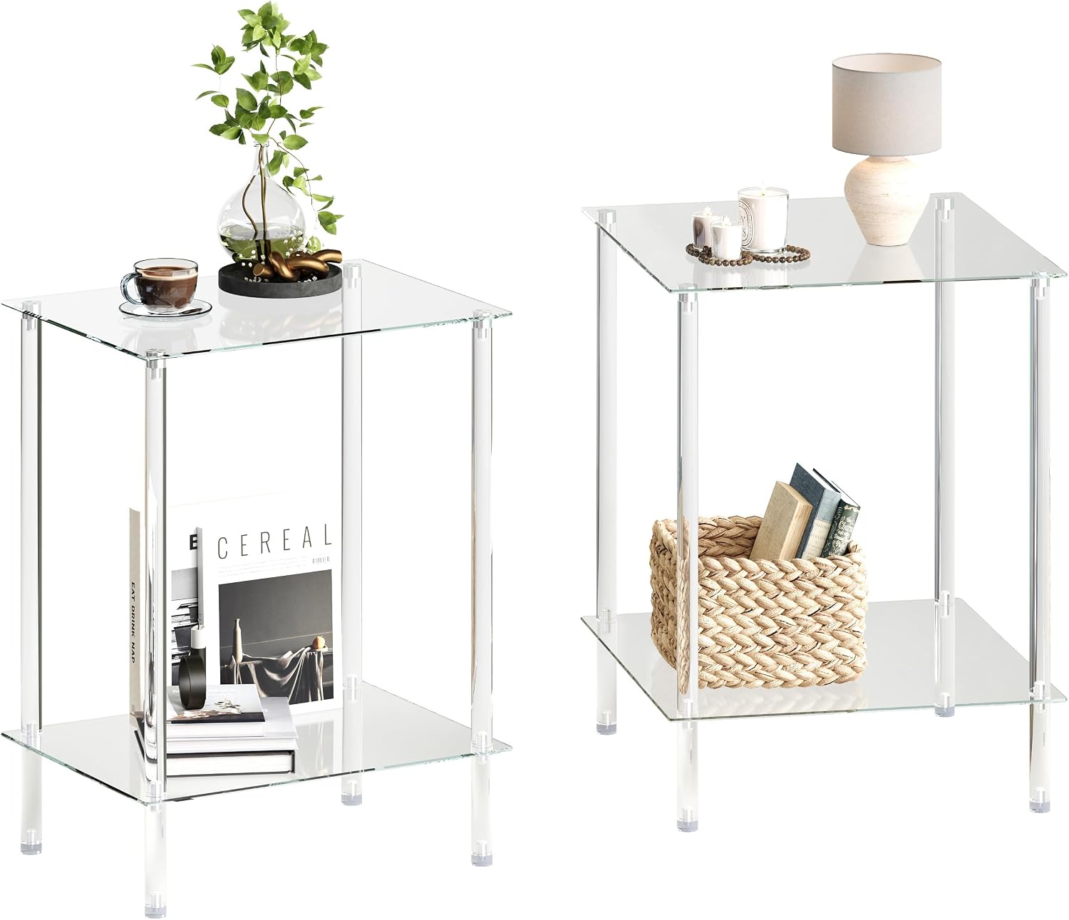 IRCPEN 2-Tier Tempered Glass & Acrylic Side Tables (Set of 2)