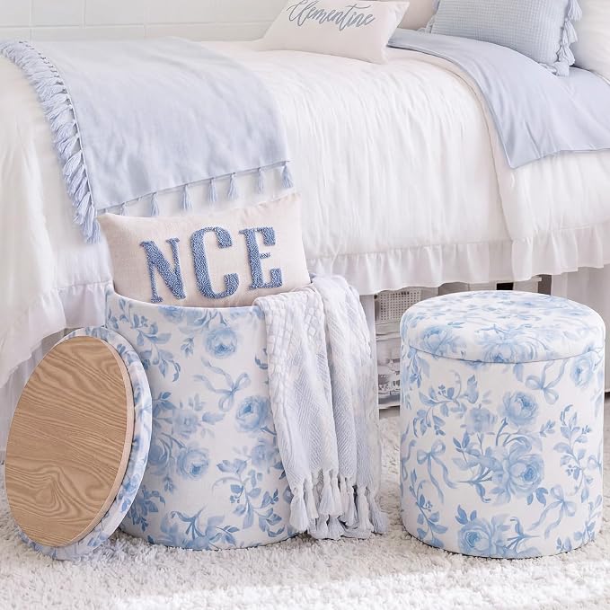 Blue & White Floral Round Storage Ottomans — Set of 2