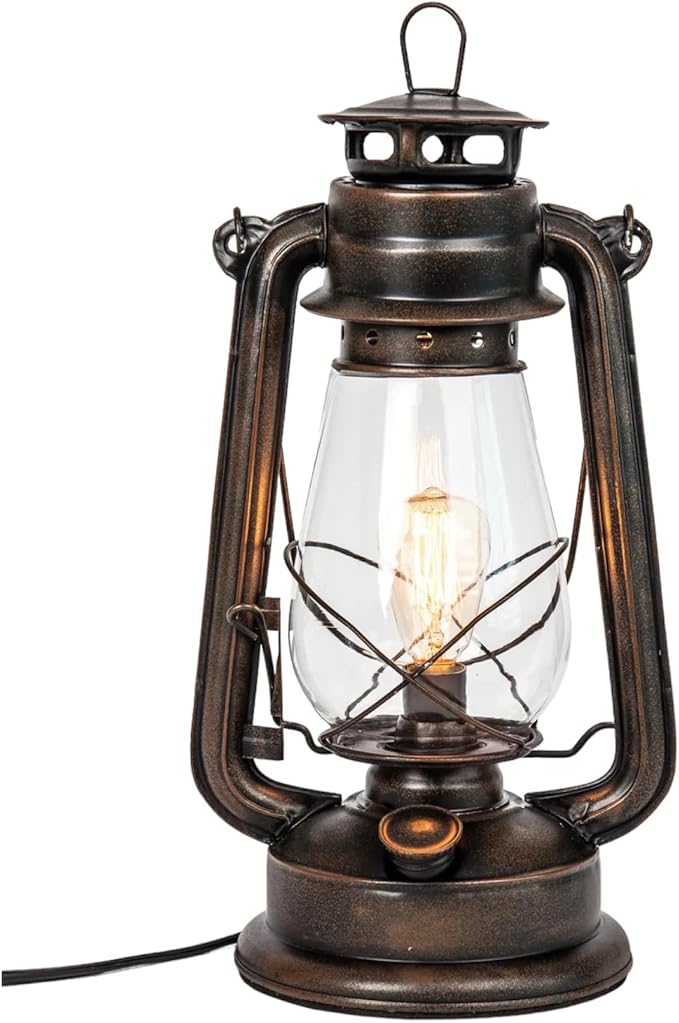 Dimmable Electric Fisherman Lantern Lamp — Bronze Hurricane with Edison Bulb