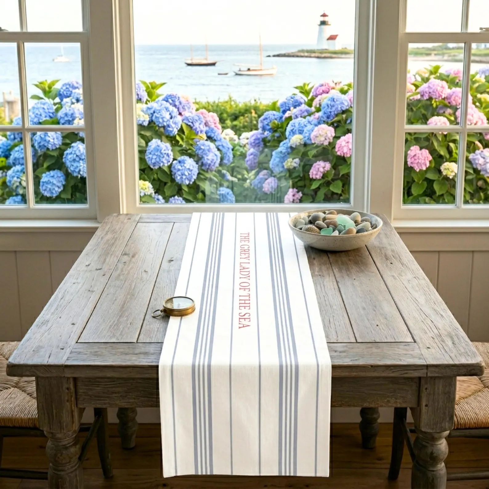 Custom Nautical Stripe Table Runner (Personalized Navy & White)