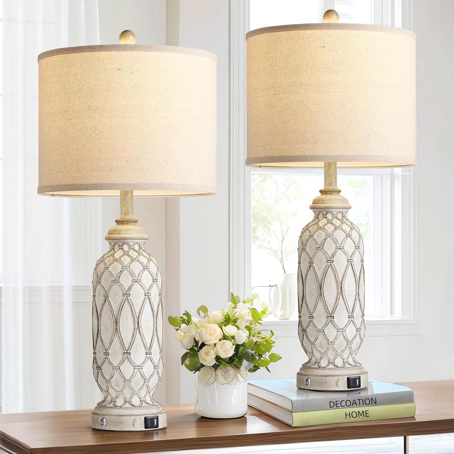 Farmhouse Table Lamps with USB Ports, 28" 3-Way Dimmable (Set of 2)