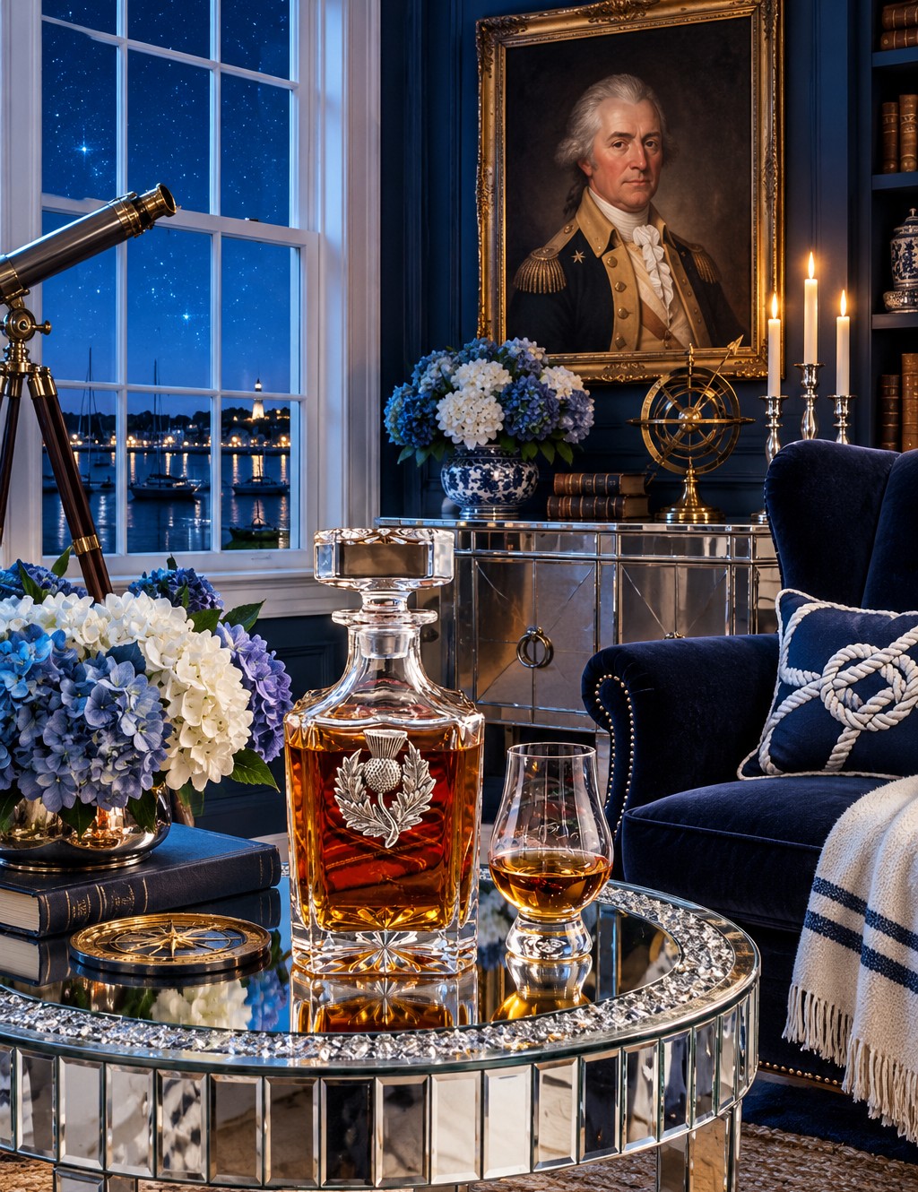 Navy celestial study with a gilt-framed portrait of General Arthur St. Clair, a Scottish thistle crystal whisky decanter and glass on a round mirrored table, a brass telescope at a starry harbor window, blue and white hydrangeas, a mirrored sideboard with silver candlesticks and a navy velvet chair with a rope-knot pillow.