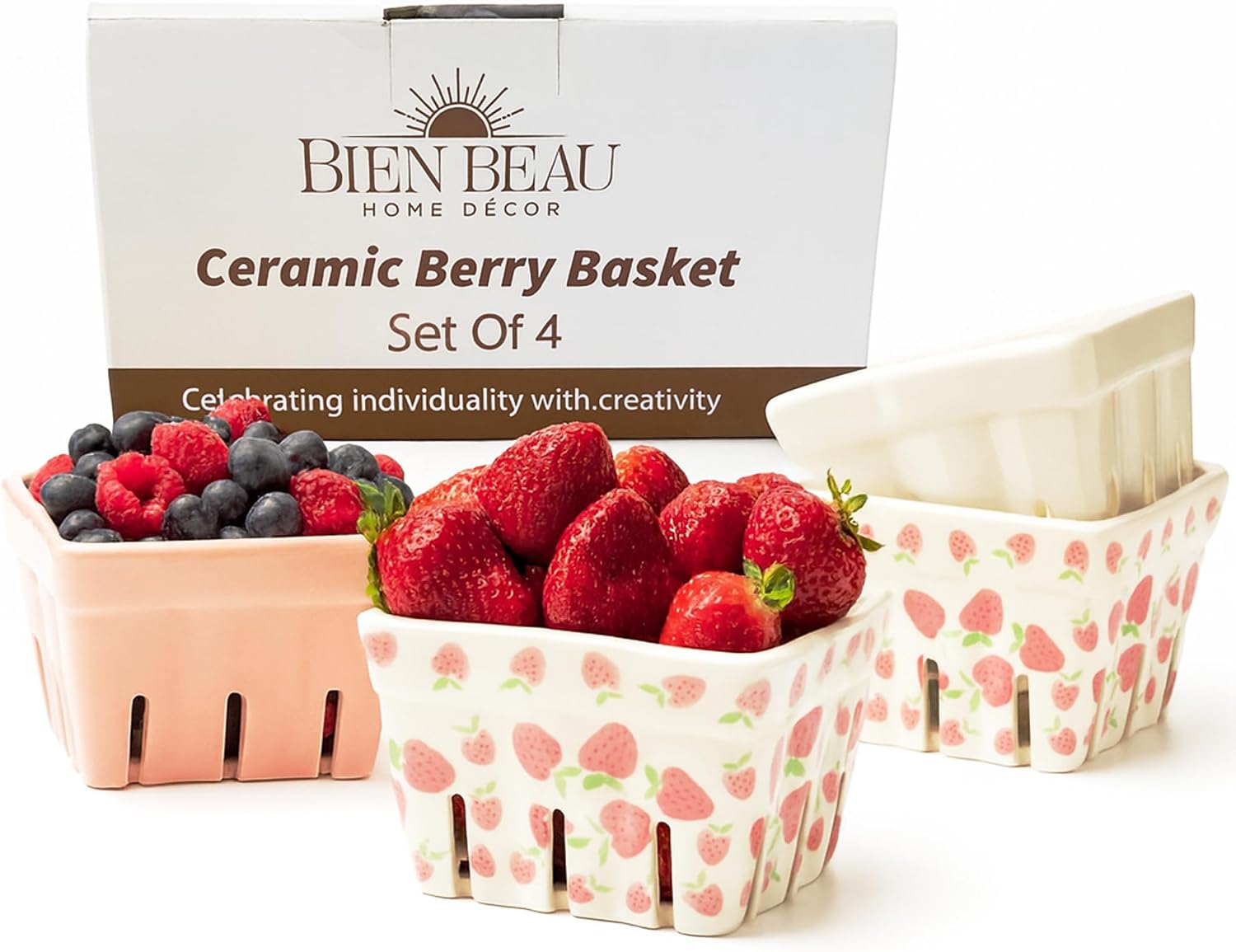 Bien Beau Ceramic Strawberry Berry Basket Colanders (Set of 4)