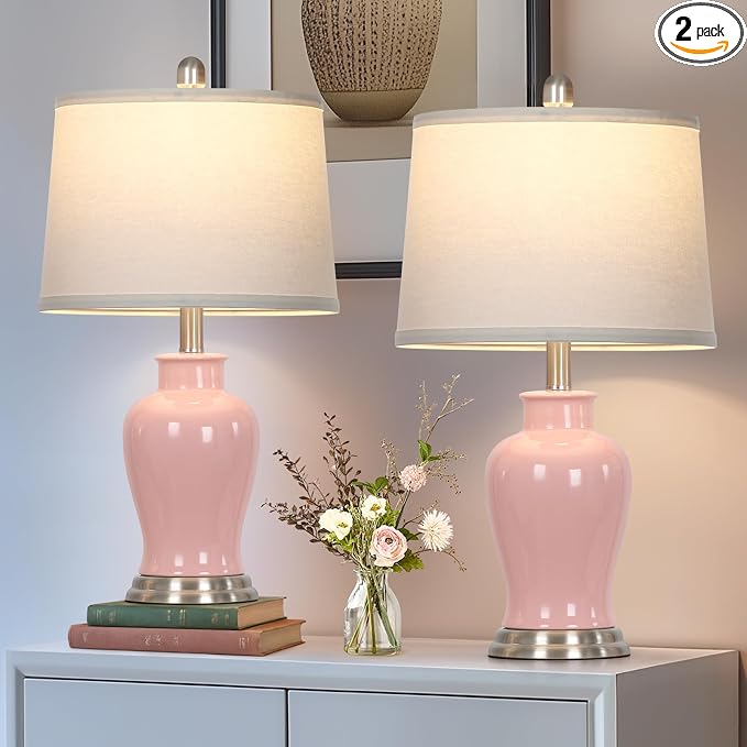 23" Pink Ceramic Ginger Jar Table Lamps (Set of 2)