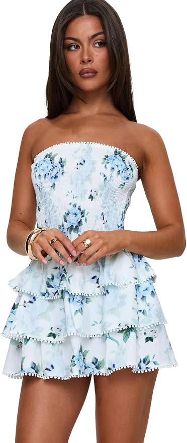 Blue Floral Tiered Strapless Smocked Mini Dress