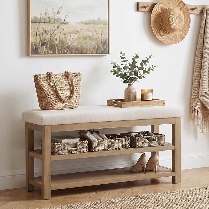 Upholstered Entryway Storage Bench with Rustic Oak Base & Basket Shelf