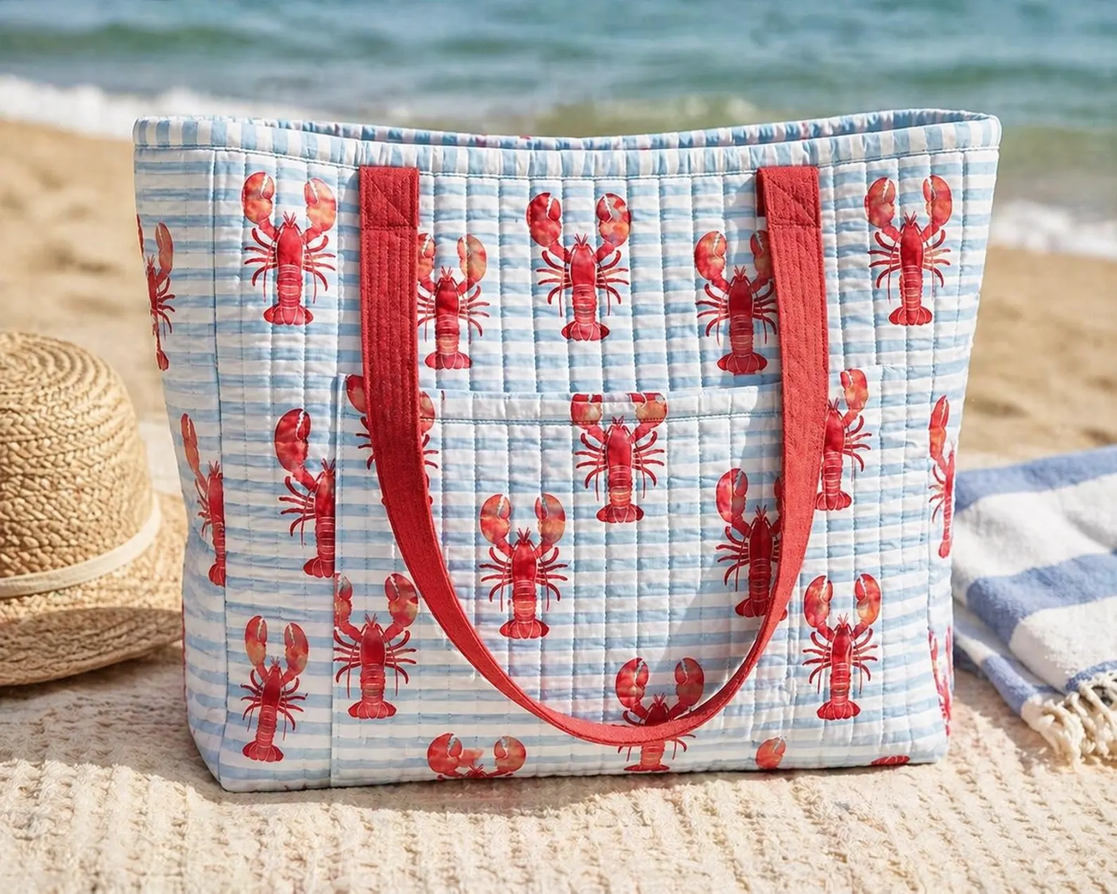 Quilted Lobster Beach Tote Bag — Cape Cod Coastal Summer Bag