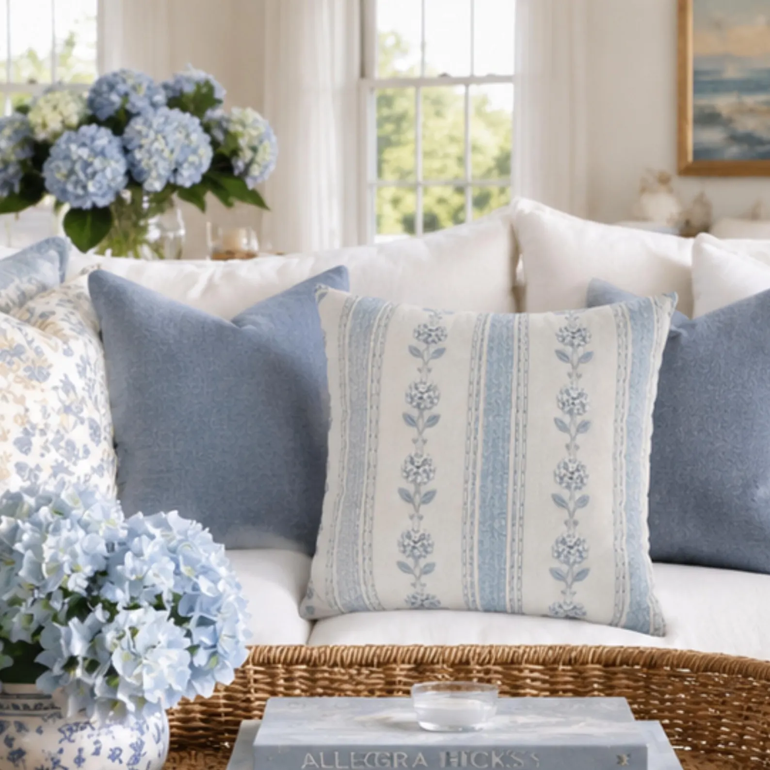 Blue Hydrangea Stripe Pillow Cover — Coastal Cottage Faux-Embroidered
