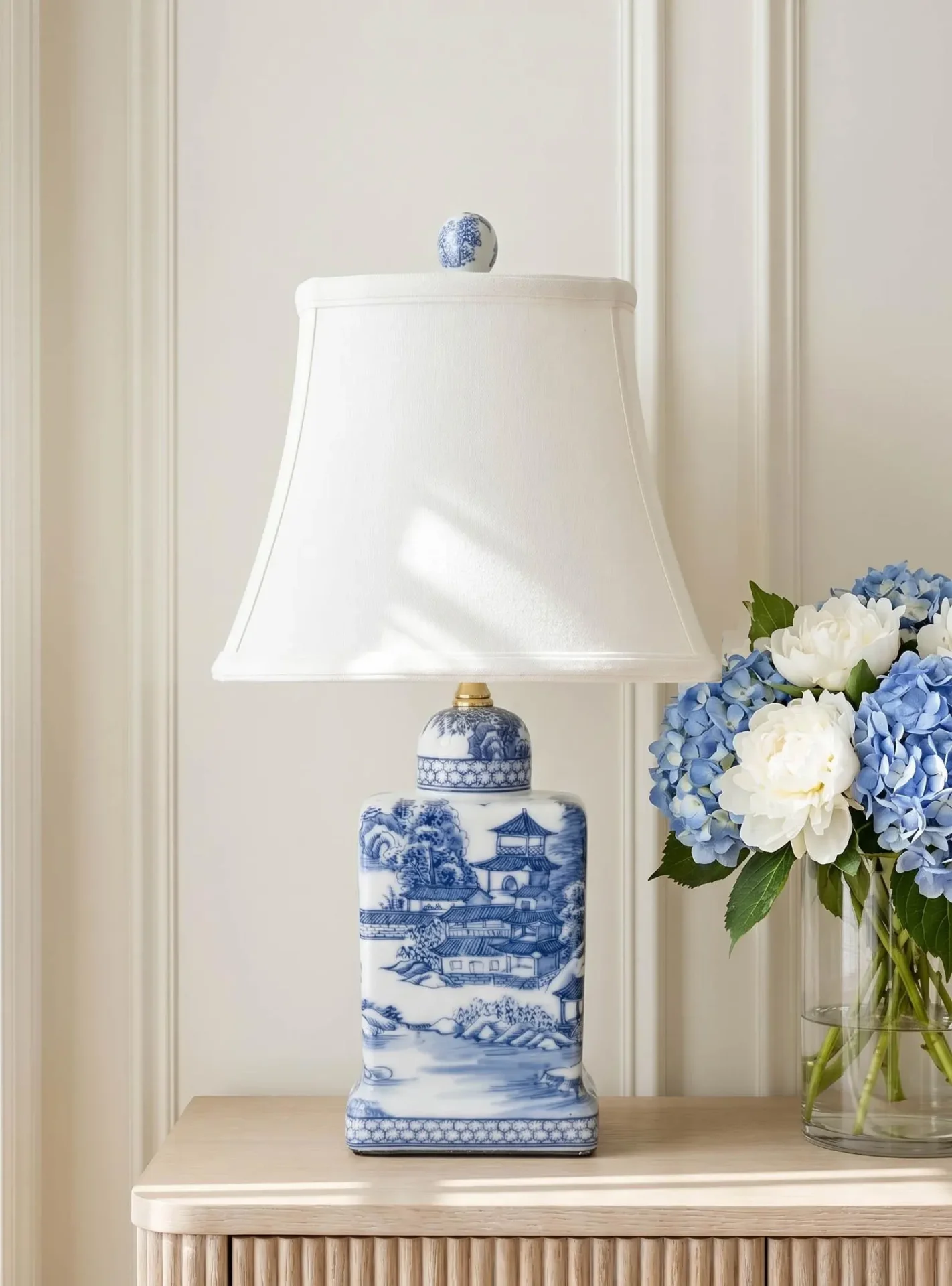 Blue & White Chinoiserie Porcelain Table Lamp with Ivory Bell Shade