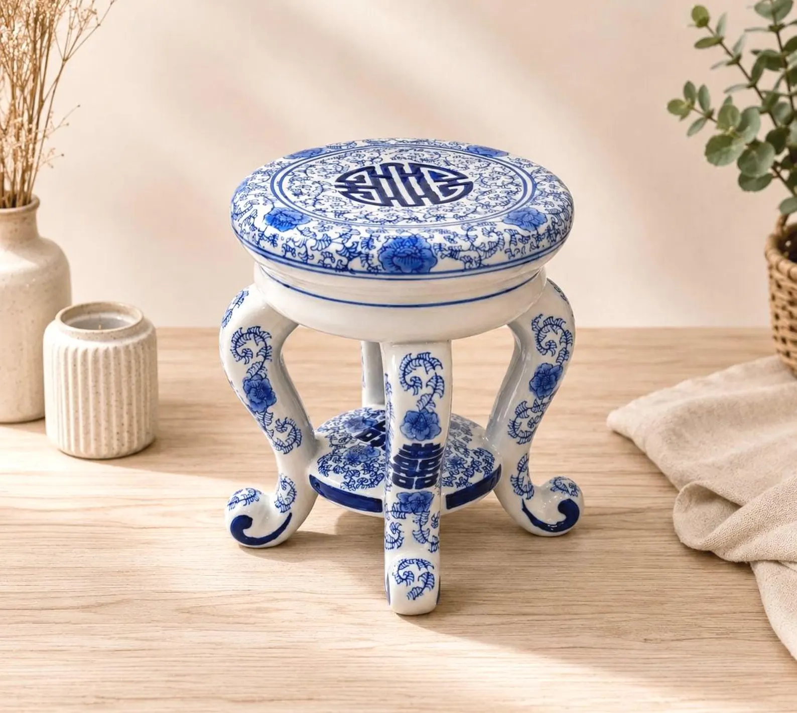 Three Hands Co Blue & White Chinoiserie Garden Stool / Plant Stand (8.75")