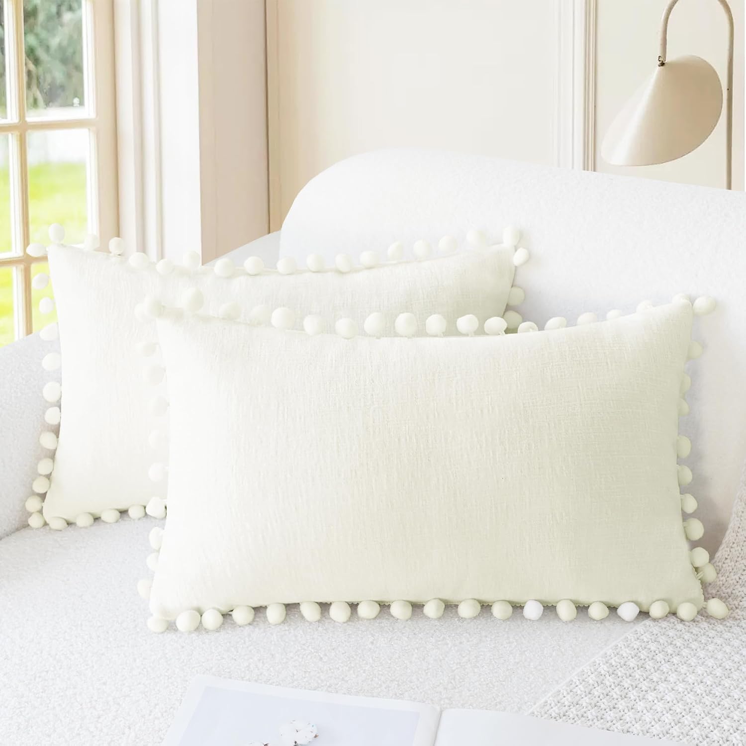 CaliTime Cream Chenille Pom Pom Lumbar Pillow Covers, 12"x20" (Set of 2)