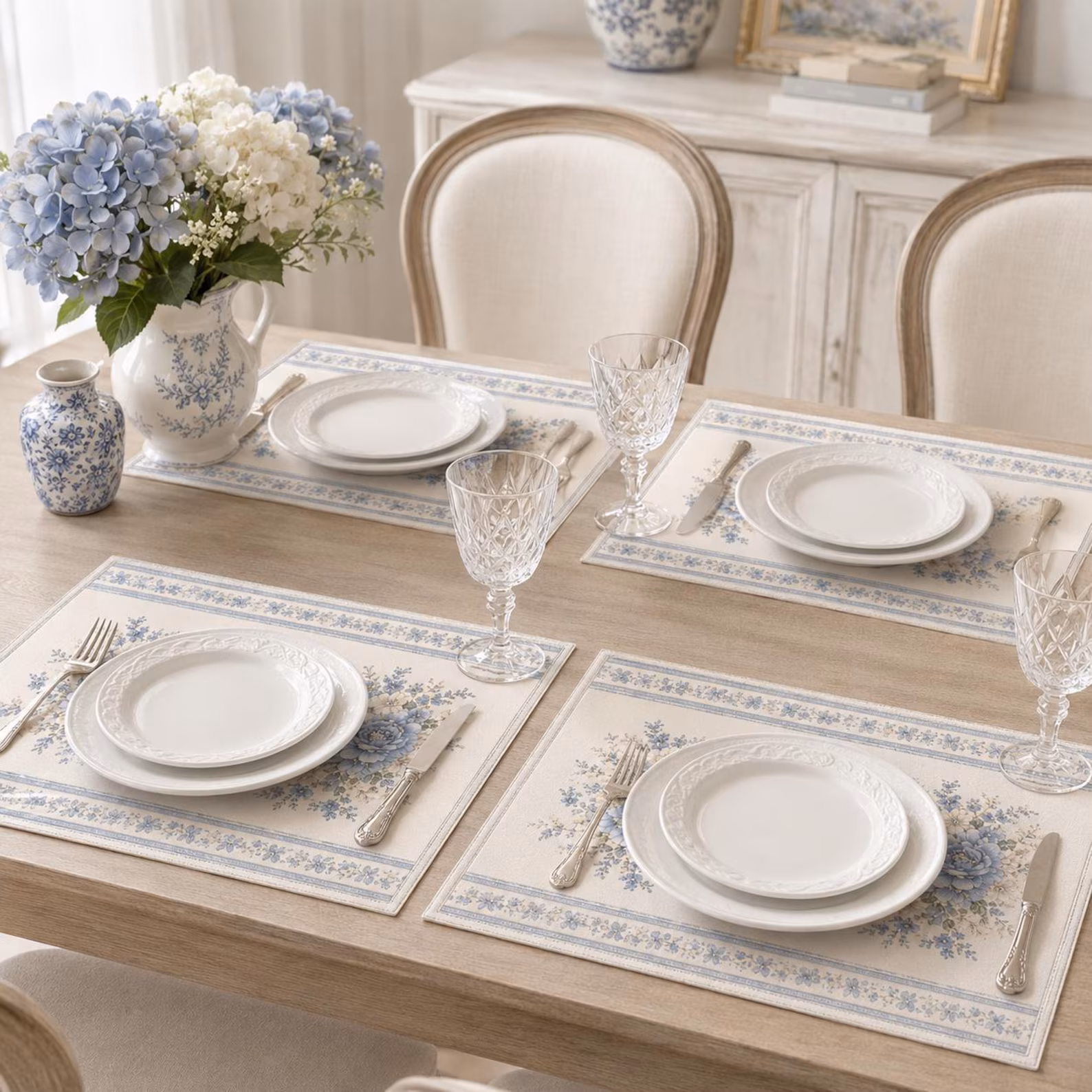Blue Floral Botanical Linen Placemats (Set of 4)