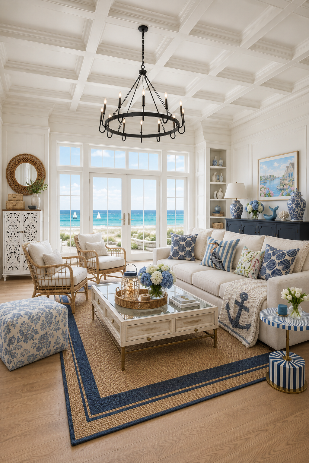 Coastal beach house living room with a black wagon wheel chandelier, coffered white ceiling, cream linen sectional with navy shell and sailboat stripe pillows, chunky knit anchor throw, rattan accent chairs, square glass display coffee table with rattan tray and hydrangeas, navy-bordered jute rug, distressed white carved-door cabinet, navy sideboard with blue and white ginger jars, round rattan wall mirror and a blue damask pouf overlooking the ocean.